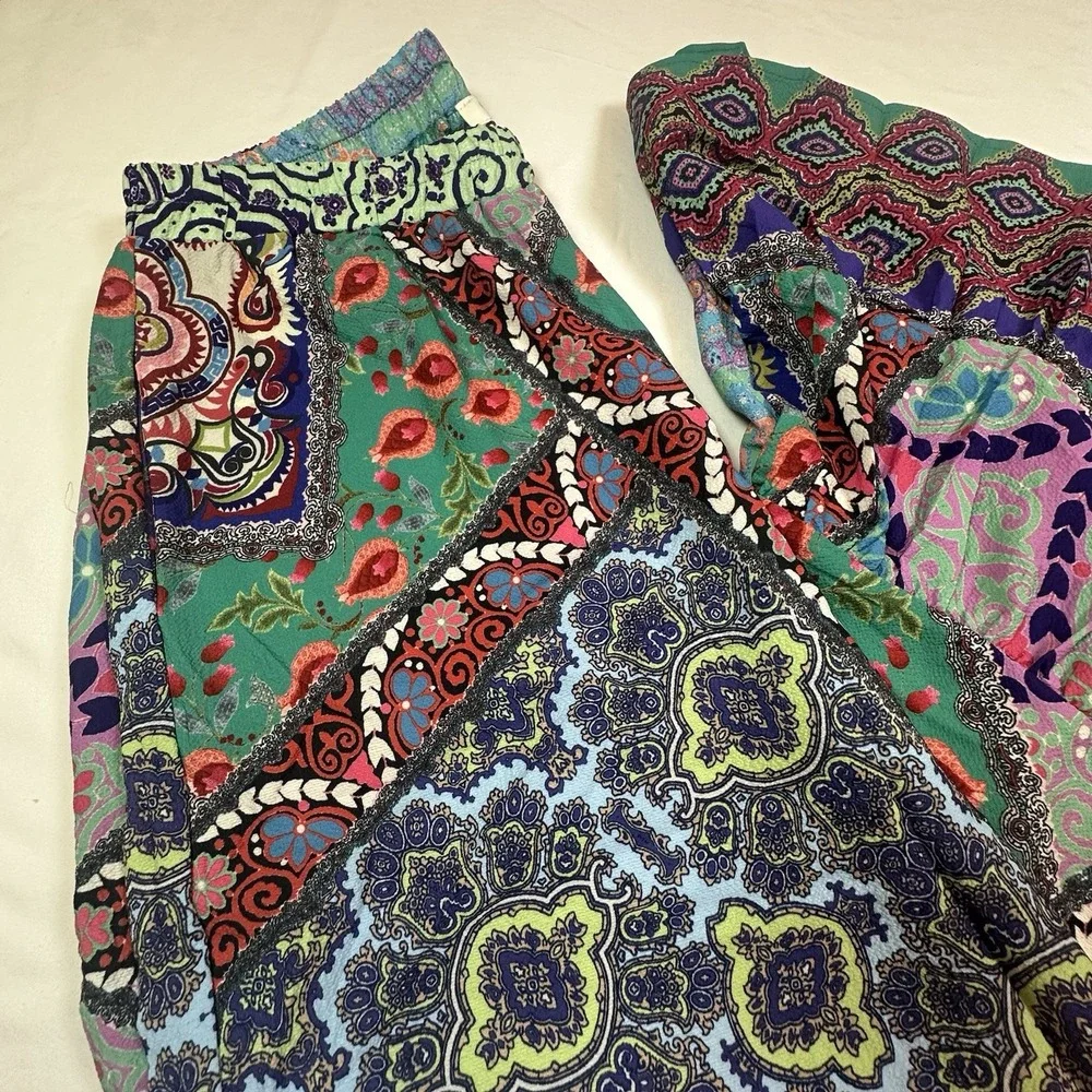 Umgee Patchwork Wide Legs Ruffle Hem Boho Festival Hippie Women's Pants Size M - Picture 2 of 12